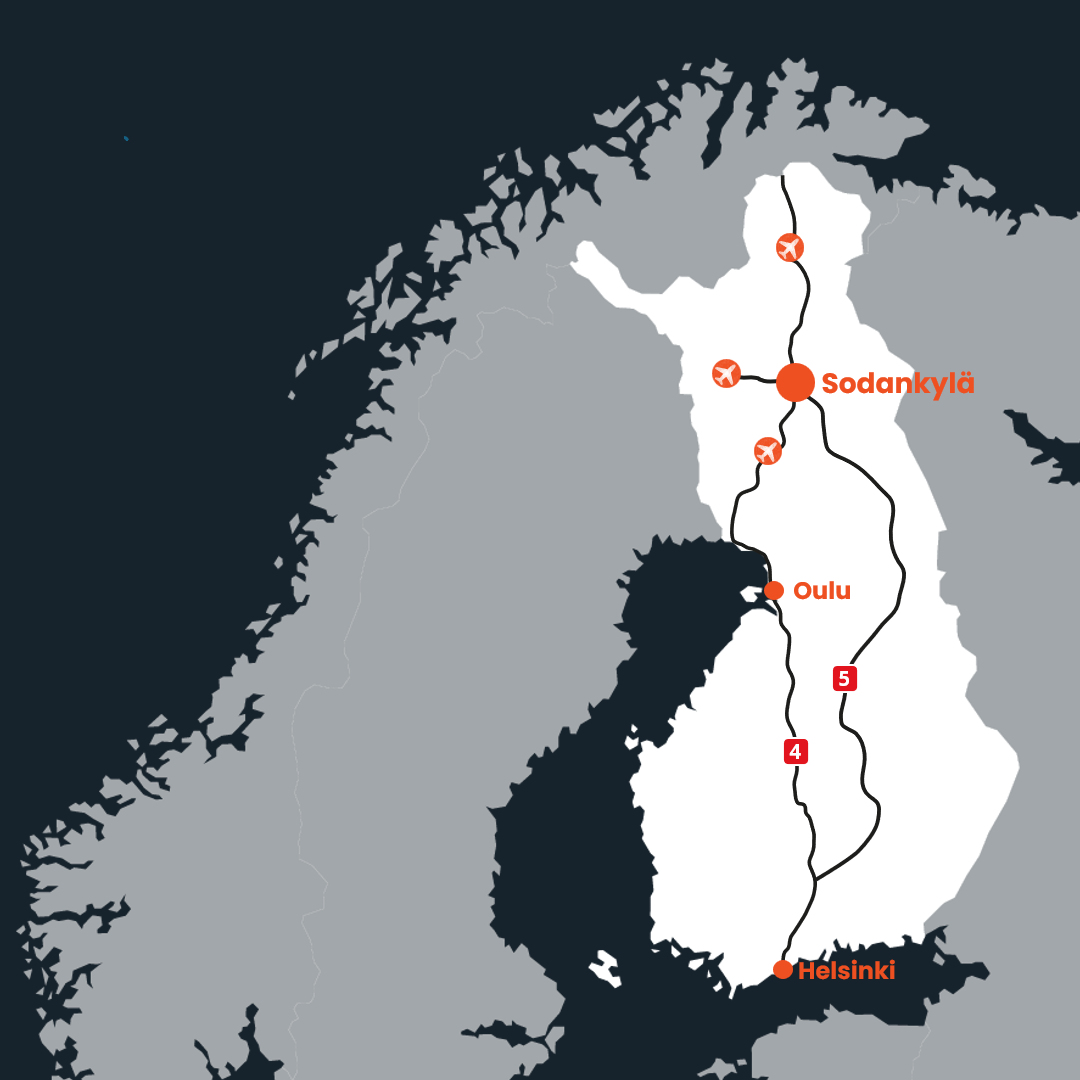 Kartta joka esittää Sodankylän sijainnin Suomessa, ympäröivät maat himmennettynä.